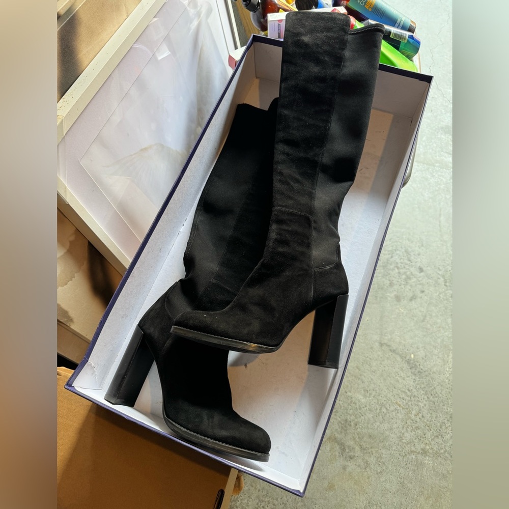 Stuart Weitzman Black Suede Knee-High Block Heel Boots